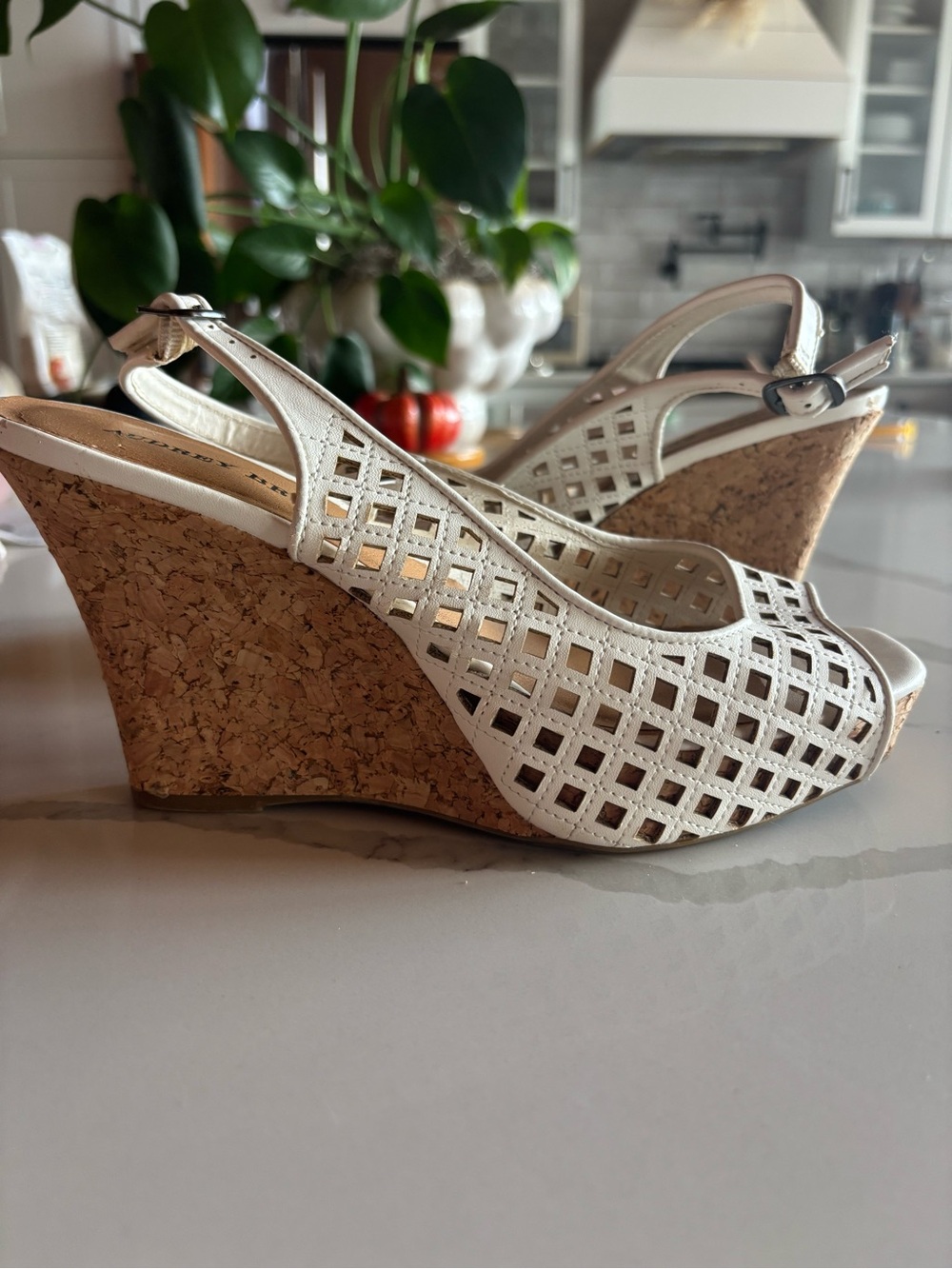 Audrey Brooke White Lattice Cork Wedge Slingbacks